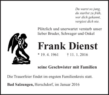 Traueranzeige von Frank Dienst von Südthüringer Presse