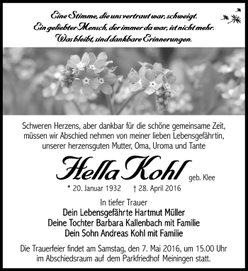 Traueranzeige von Hella Kohl von Südthüringer Presse