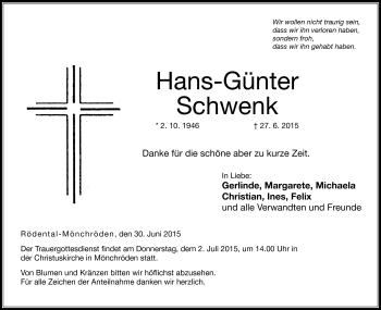 Traueranzeige von Hans-Günter Schwenk von Neue Presse Coburg