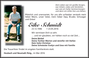 Traueranzeige von Eike Schmidt von Südthüringer Presse
