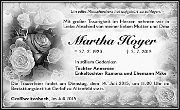 Traueranzeige von Martha Hoyer von Südthüringer Presse