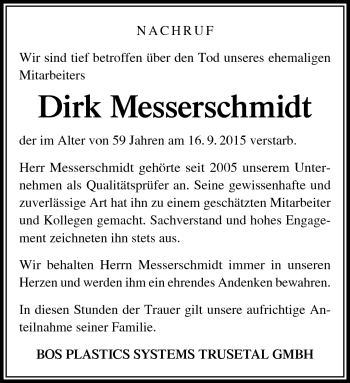 Traueranzeige von Dirk Messerschmidt von Südthüringer Presse