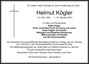 Traueranzeige von Helmut Kögler von Frankenpost