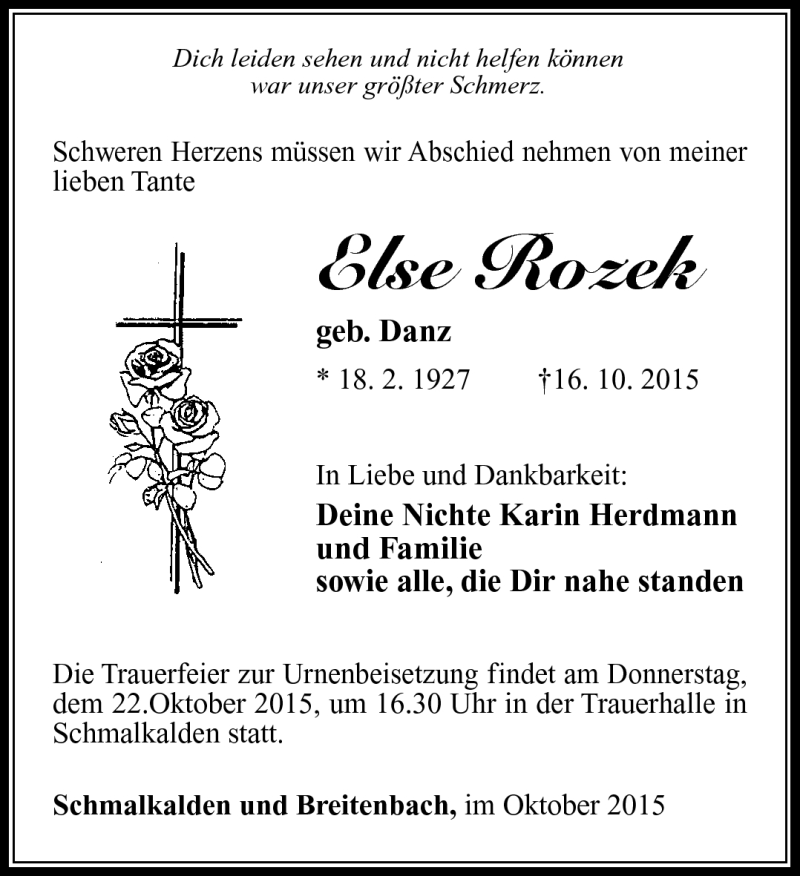  Traueranzeige für Else Rotzek vom 20.10.2015 aus Südthüringer Presse