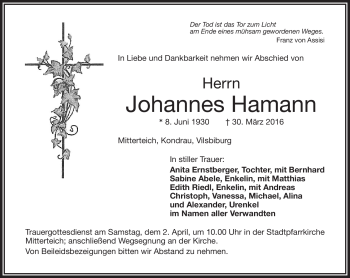 Traueranzeige von Johannes Hamann von Frankenpost
