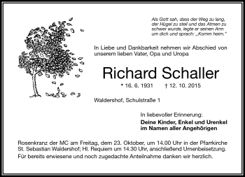 Traueranzeige von Richard Schaller von Frankenpost