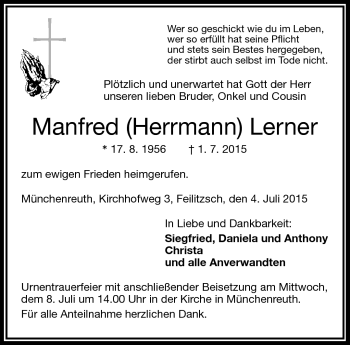 Traueranzeige von Manfred Lerner von Frankenpost