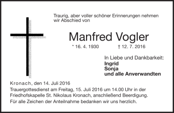 Traueranzeige von Manfred Vogler von Neue Presse Coburg