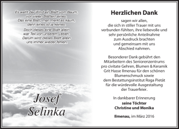 Traueranzeige von Josef Selinka von Südthüringer Presse