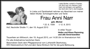 Traueranzeige von Anni Narr von Frankenpost