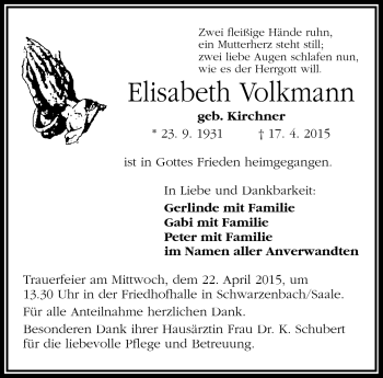 Traueranzeige von Elisabeth Volkmann von Frankenpost