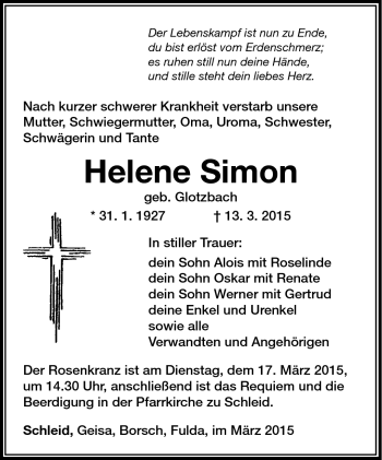 Traueranzeige von Helene Simon von Südthüringer Presse