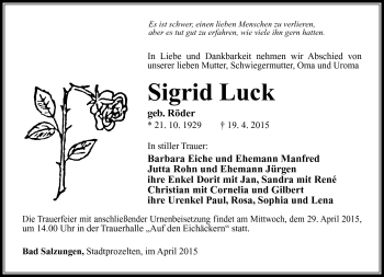 Traueranzeige von Sigrid Luck von Südthüringer Presse