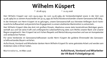 Traueranzeige von Wilhelm Küspert von Frankenpost
