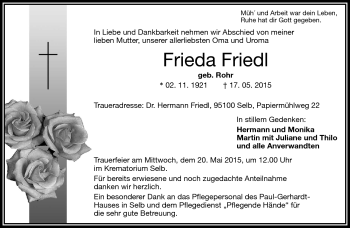 Traueranzeige von Frieda Friedl von Frankenpost