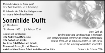 Traueranzeige von Sonnhilde Dufft von Südthüringer Presse