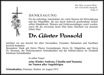 Traueranzeige von Günter Pansold von Südthüringer Presse