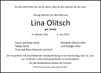 Traueranzeige von Lina Olitsch von Frankenpost