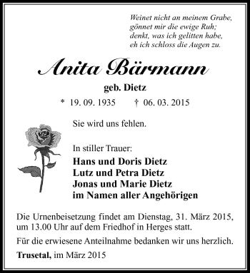Traueranzeige von Anita Bärmann von Südthüringer Presse