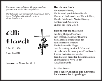 Traueranzeige von Elli Hardt von Südthüringer Presse