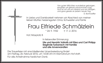 Traueranzeige von Elfriede Schmälzlein von Frankenpost