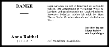 Traueranzeige von Anna Raithel von Frankenpost