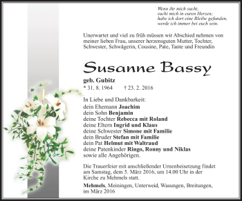 Traueranzeige von Susanne Bassy von Südthüringer Presse