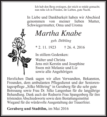 Traueranzeige von Martha Knabe von Südthüringer Presse