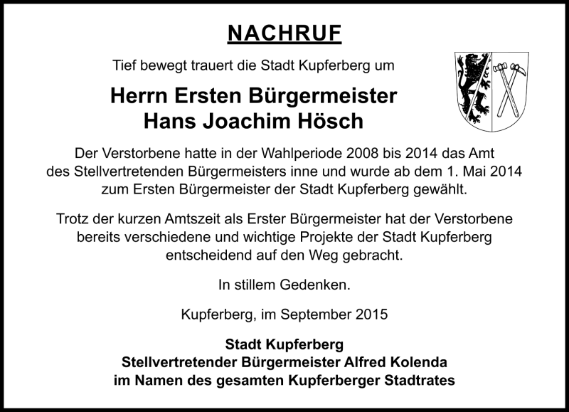  Traueranzeige für Hans Joachim Hösch vom 16.09.2015 aus Frankenpost