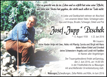 Traueranzeige von Josef Peschek von Südthüringer Presse