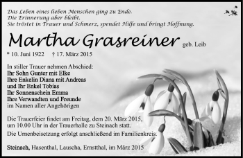 Traueranzeige von Martha Grasreiner von Südthüringer Presse