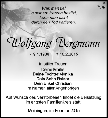 Traueranzeige von Wolfgang Bergmann von Südthüringer Presse