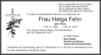 Traueranzeige von Helga Fehn von Frankenpost