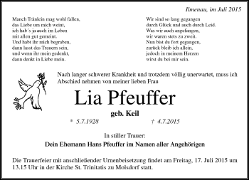 Traueranzeige von Lisa Pfeuffer von Südthüringer Presse