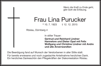 Traueranzeige von Lina Purucker von Frankenpost