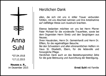 Traueranzeige von Anna Suhl von Neue Presse Coburg