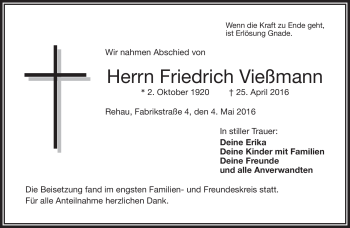 Traueranzeige von Friedrich Vießmann von Frankenpost