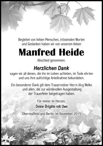 Traueranzeige von Manfred Heide von Südthüringer Presse