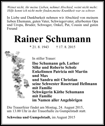 Traueranzeige von Rainer Schumann von Südthüringer Presse