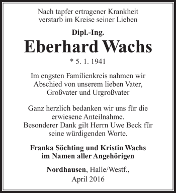 Traueranzeige von Eberhard Wachs von Südthüringer Presse