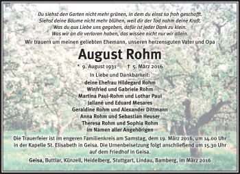 Traueranzeige von August Rohm von Südthüringer Presse