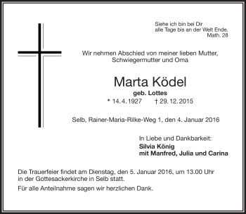 Traueranzeige von Marta Ködel von Frankenpost