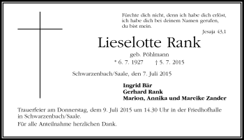 Traueranzeige von Lieselotte Rank von Frankenpost