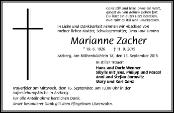 Traueranzeige von Marianne Zacher von Frankenpost