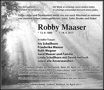 Traueranzeige von Robby Maaser von Südthüringer Presse
