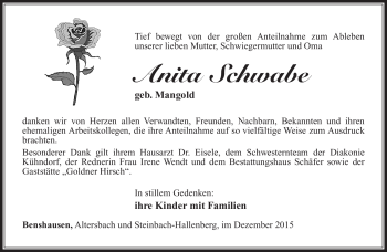 Traueranzeige von Anita Schwabe von Südthüringer Presse