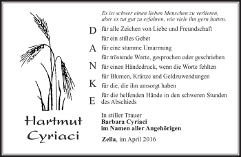 Traueranzeige von Hartmut Cyriaci von Südthüringer Presse