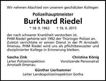 Traueranzeige von Burkhard Riedel von Südthüringer Presse