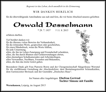 Traueranzeige von Oswald Desselmann von Südthüringer Presse