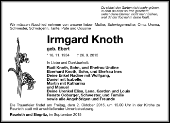 Traueranzeige von Irmgard Knoth von Südthüringer Presse